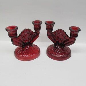 Jeannette Glass Ruby Flashed IRIS and HERRINGBONE Double Branch Candle Holders